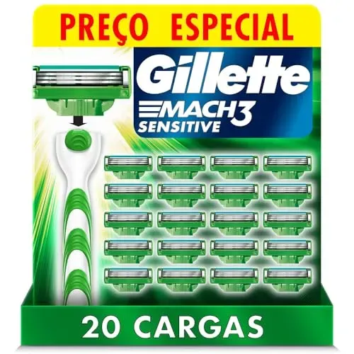 Gillette Mach3 Sensitive Carga Para Aparelho De Barbear Recarregvel Com Aloe Vera, Ideal Para Peles Sensveis, 20 Uds