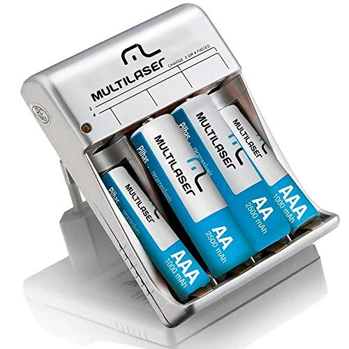 Carregador De Pilhas Aa/aaa + 2 Pilhas Aa 2500mah + 2 Pilhas Aaa 1000mah Multilaser - Cb045