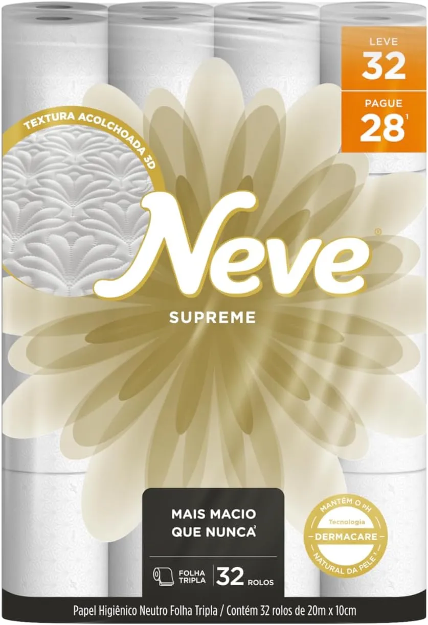 Neve Papel Higinico Supreme Folha Tripla, 20m, Leve 32 Pague 28 Rolos