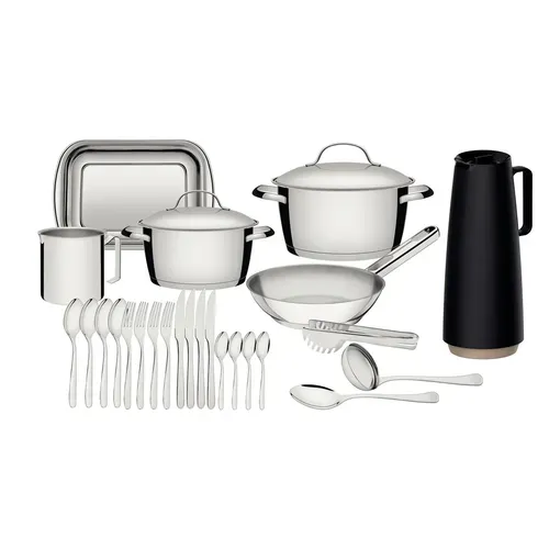 Kit Tramontina Allegra Para Cozinha 25 Peas Com Panelas, Talheres E Utenslios Domsticos Em Ao Inox E Bule Trmico Em Plstico