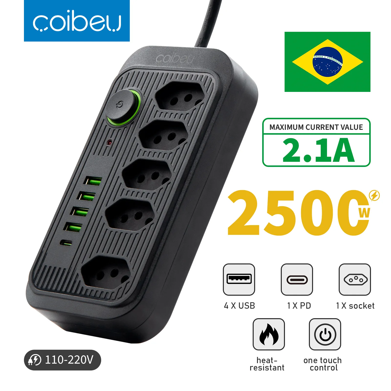 [r$31 Moedas]extenso De Energia Coibeu , 5 Tomadas Br + 5 Portas Usb(a/c) 2 Metros #aliexpress ????