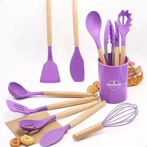 Kit 12 Utenslios De Cozinha Em Silicone E Cabo De Madeira