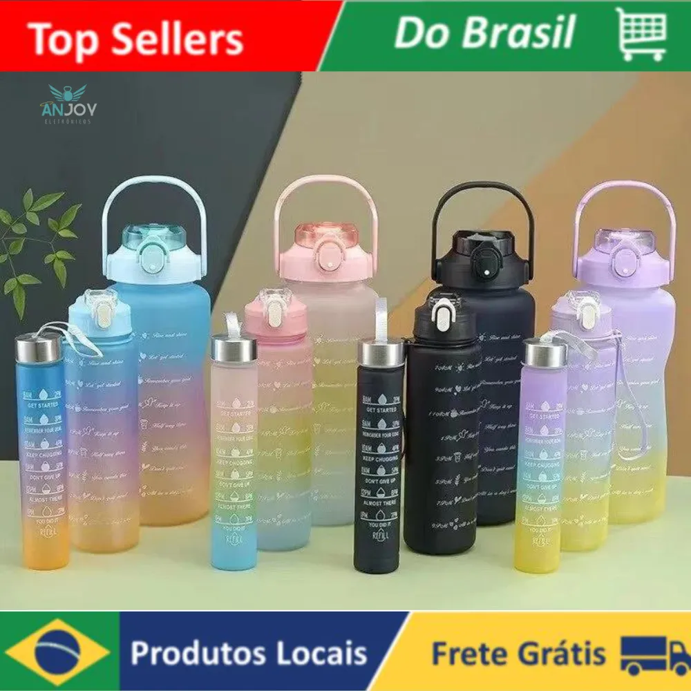 [r$12,14 Br/ Moedas] Kit De 3 Garrafas De gua Motivacionais Fitness Tie Dye Degrad Preto E Branco - 2l, 900ml E 300ml