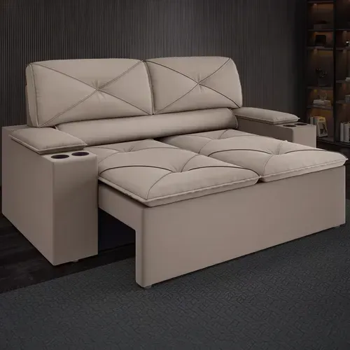 Sof 2 Lugares Dds Next Pop Com Assento Retrtil E Encosto Reclinvel Em Veludo Suede Com Porta Copos - 154 Cm De Largura - Capuccino