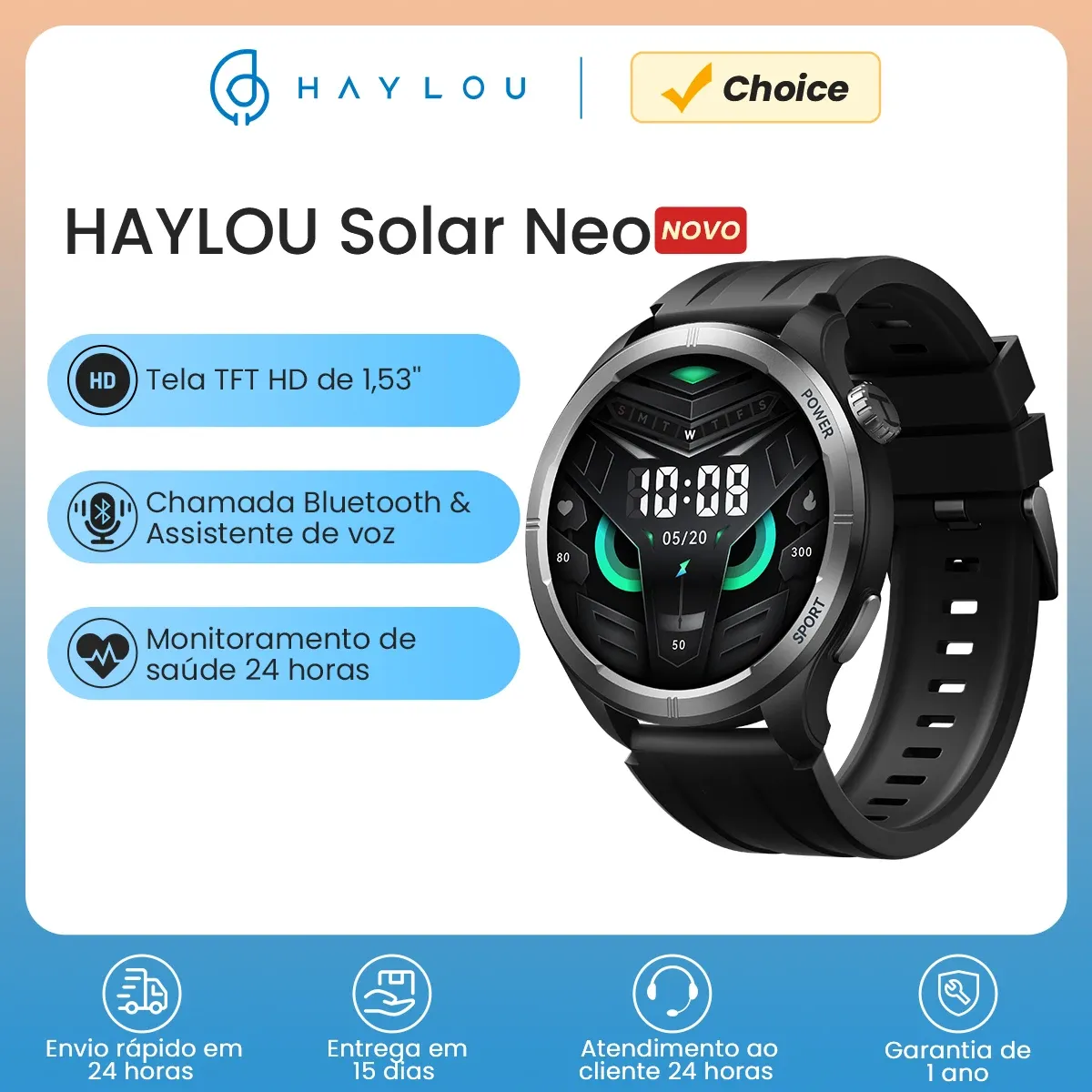 [taxa Inclusa] Relgio Haylou Solar Neo, Tela Hd De 1,53", Ligaes Por Bluetooth, Bluetooth 5.3, Assistente De Voz