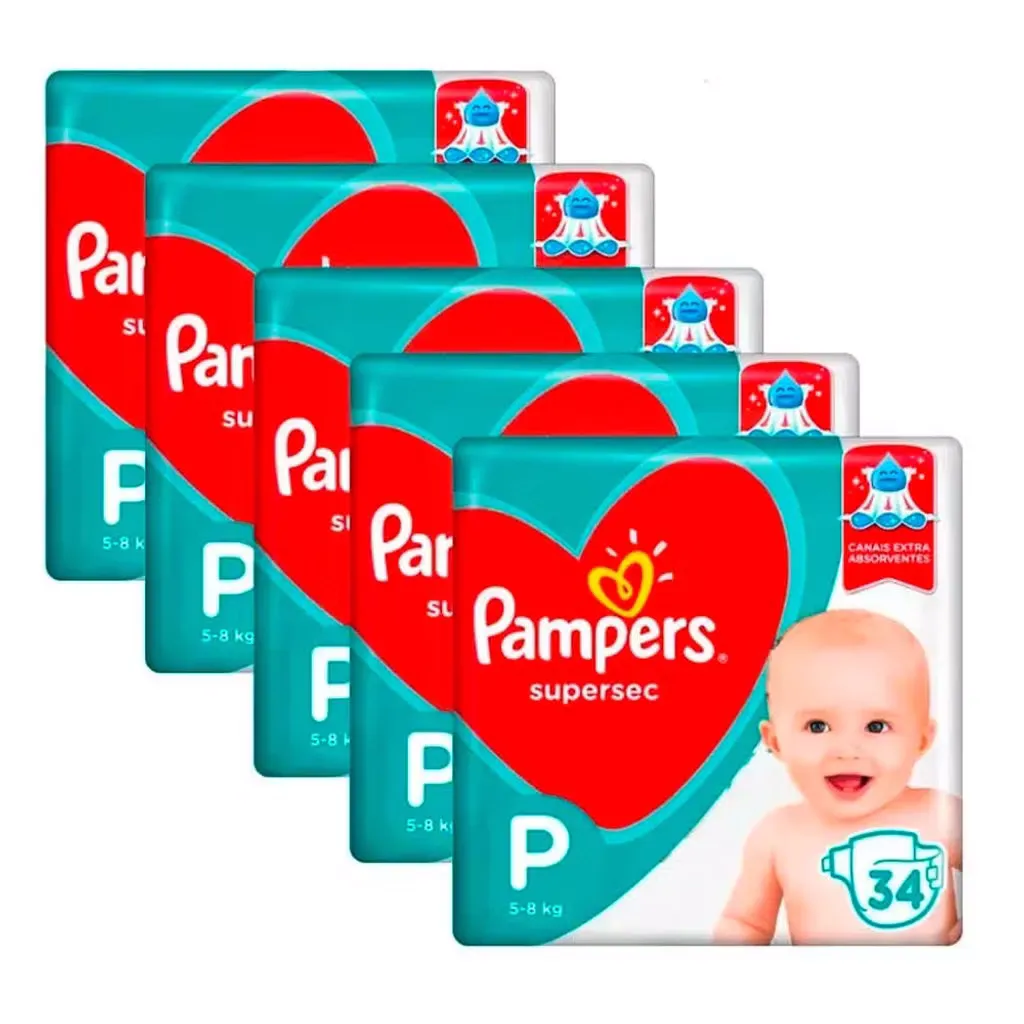 Kit 5 Fraldas Pampers Supersec Pacoto P 170 Unidades