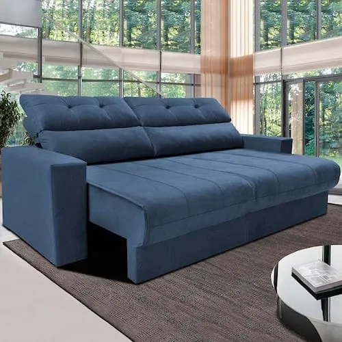 Sof 3 Lugares Cama Inbox Clean Com Assento Retrtil E Encosto Reclinvel Em Tecido Velusoft - 190 Cm De Largura - Clean Azul