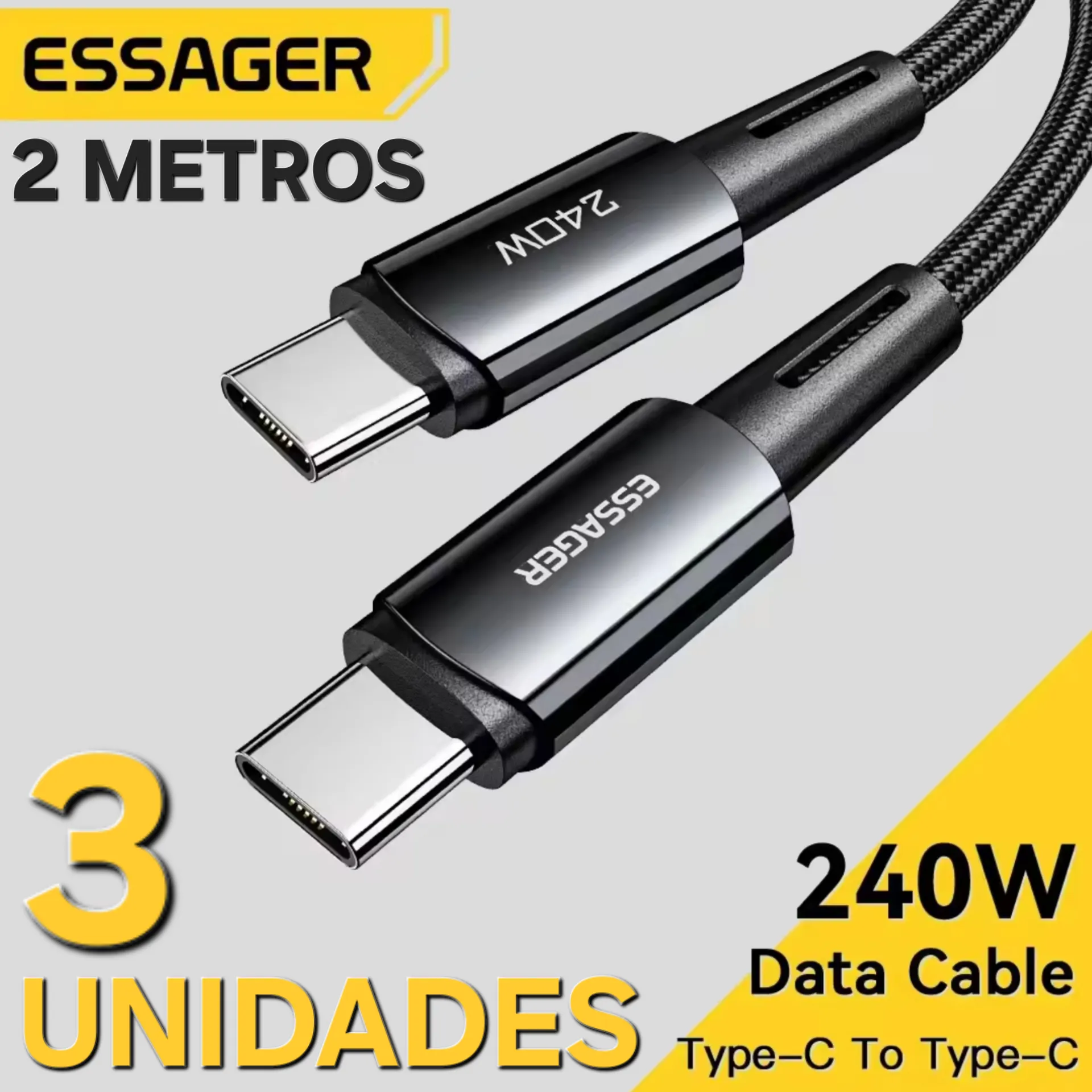 [r$ 17 Cada/taxa Inclusa] 3 Unidades Essager Cabo Tipo-c 240w Pd, 2 Metros, Carregamento Super Rpido, Para Ios E Android