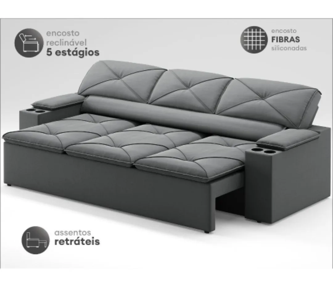 Sof Com Porta Copos Retrtil E Reclinvel Pop 2,05m Velosuede Grafite - Netsofas