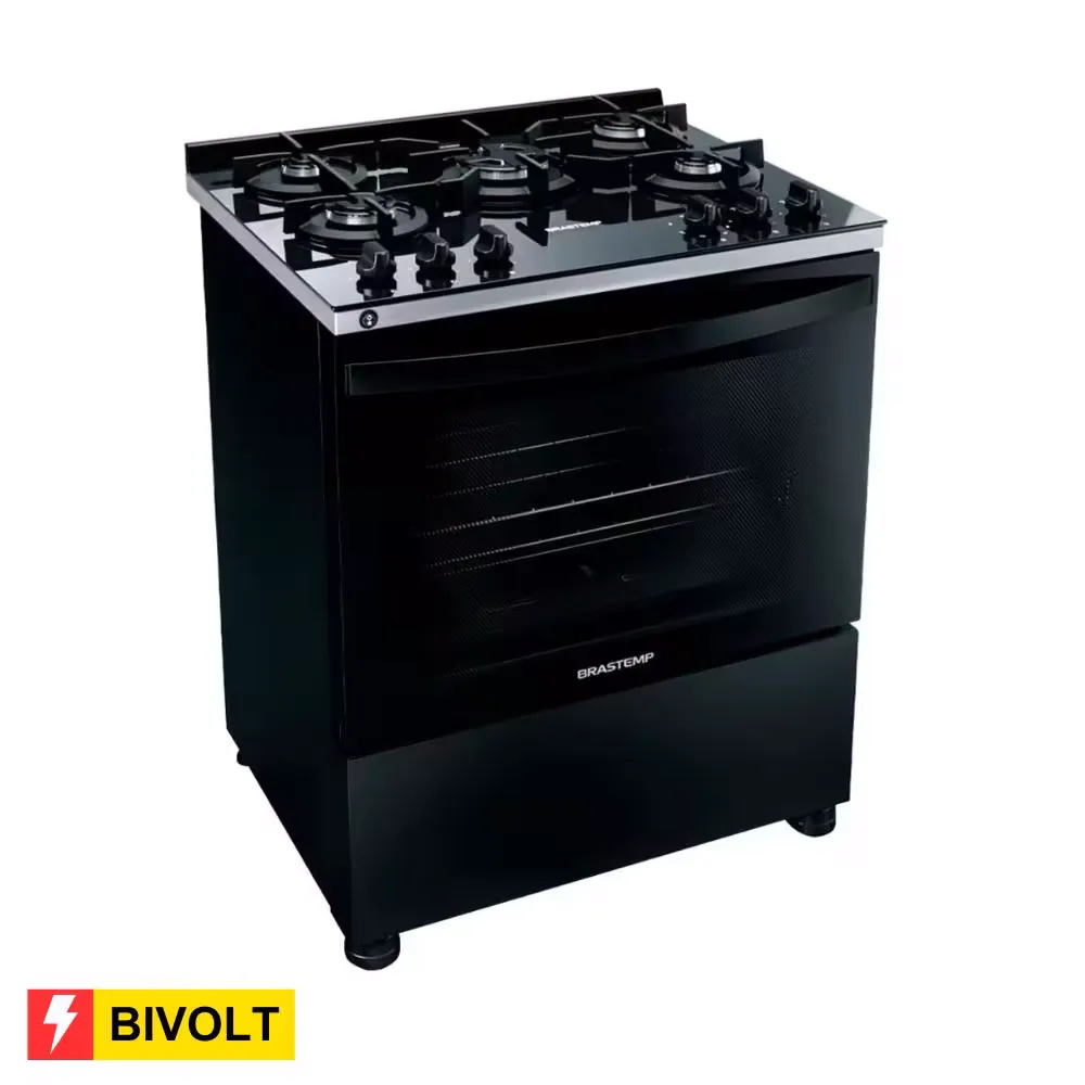 Reembalado: Fogo Brastemp 5 Bocas Bfs5vce Com Mesa De Vidro E Turbo Chama Preto - Bivolt - Bivolt