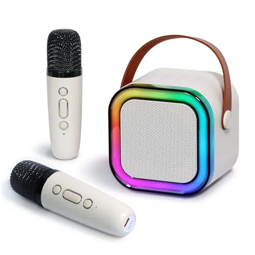 Pequeno Porttil Bluetooth Microfone Karaoke Caixa De Som, Luzes Led Dinmicas Embutidas, Com 2 Microfone Sem Fio, Para Infantil Adultos